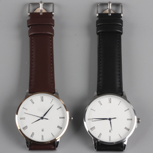 罗马数字表盘简约情侣手表 单日历石英机芯手表 防水不锈钢手表壳