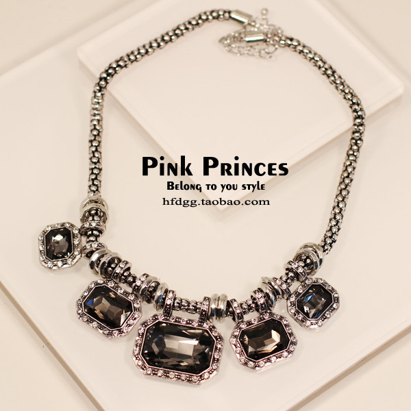 韩国复古宫廷彩色宝石短项链 夸张锁骨链 银饰带钻毛衣链女装饰品