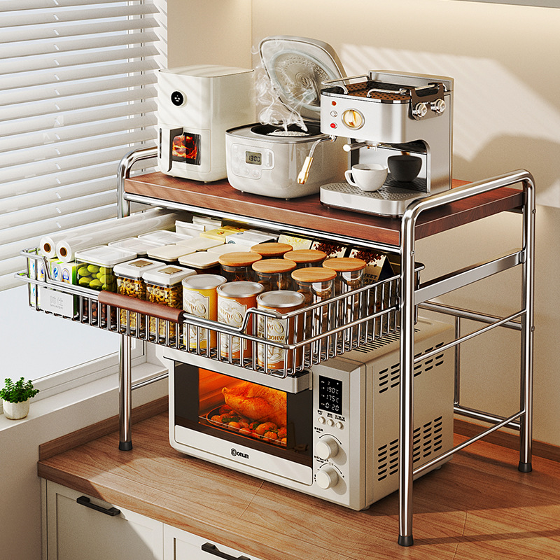 中古实木厨房微波炉置物架 不锈钢台面烤箱支架电饭煲调料收纳架