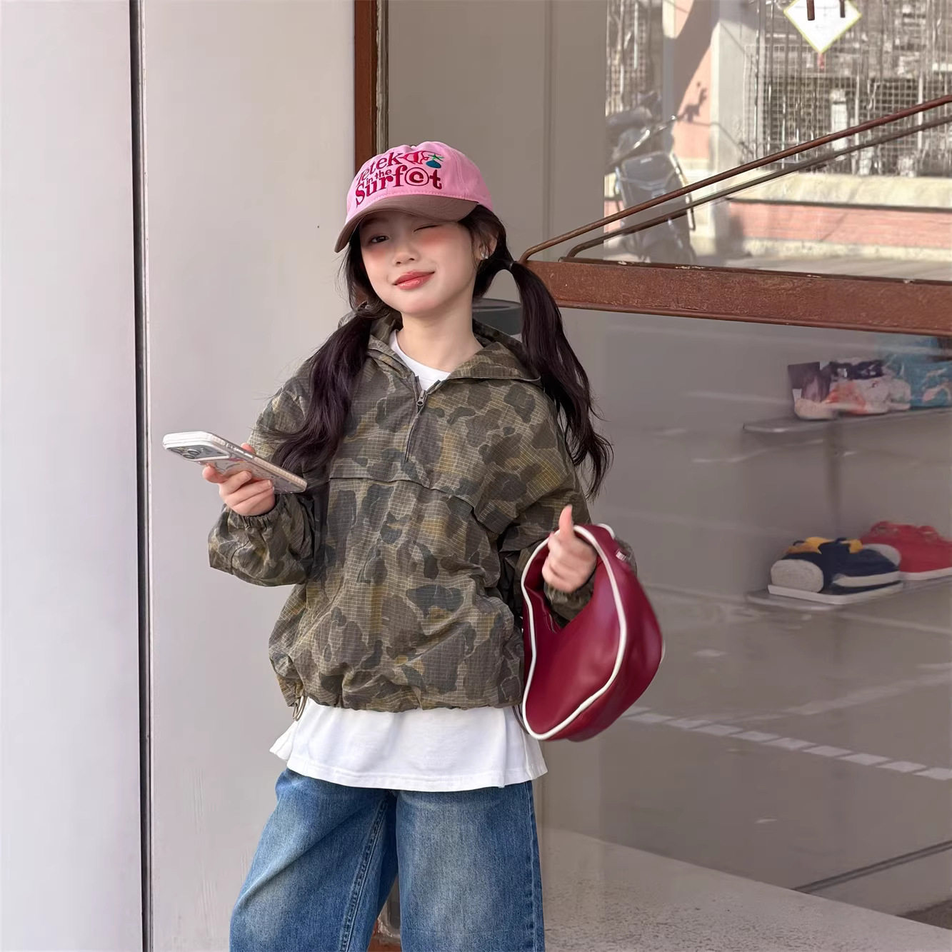 2025春季新款 韩版女童迷彩连帽外套休闲宽松套头上衣+牛仔五分裤