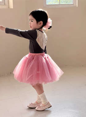 韩版女童T恤2026春夏新款甜美深灰色拼蕾丝后背修身上衣长袖T恤