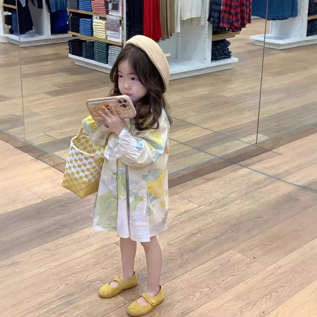 2025春季新款 韩版童装 女童水墨画印染花朵娃娃领衬裙宽松连衣裙