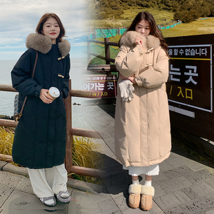 大毛领棉衣外套 过膝加厚棉袄中长款 牛角扣羽绒棉服女2024冬季 新款