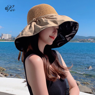 防晒帽子女款2026新款夏太阳帽遮阳防紫外线遮脸草帽黑胶渔夫帽
