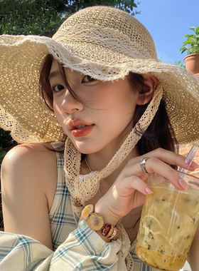 法式大檐蕾丝镂空遮阳草帽女