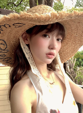 夏季蕾丝飘带大檐防晒草帽女