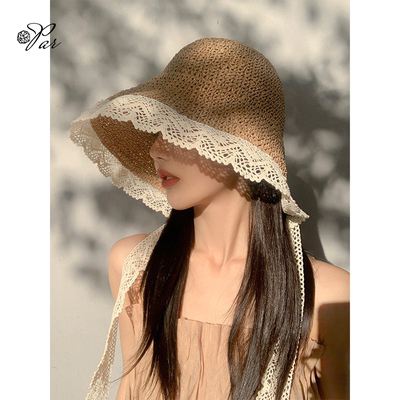 夏季大檐飘带蕾丝防晒草帽女