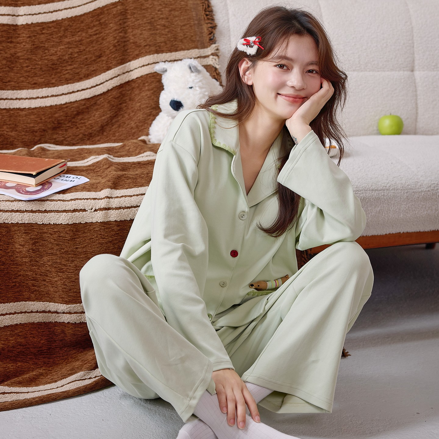 睡衣女秋冬2025年新款针织棉长袖双口袋简约可外穿家居服开衫套装