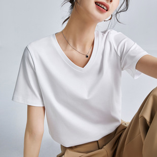 宽松百搭修身 2025夏季 t恤女正肩丝光棉V领大码 新款 显瘦 白色短袖