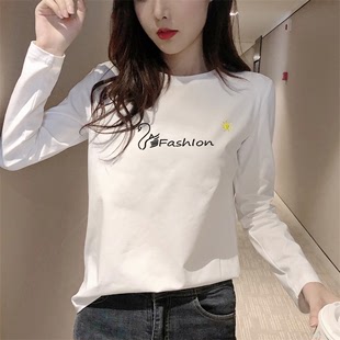 2022春装白色t恤女长袖宽松圆领韩版刺绣修身纯棉加绒加厚打底衫
