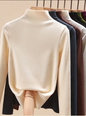 2025秋冬季半高领德绒打底衫女长袖t恤大码修身纯色内搭白色加绒