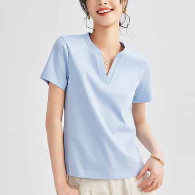 丝光棉短袖T恤女夏季正肩合身V领