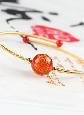 朱砂雕刻转运珠手镯套装心经手链女合金手串中国风叮当本命年首饰