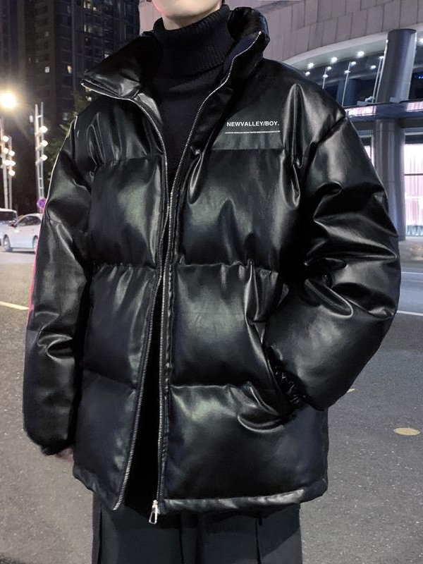 Winter PU Leather Down Jacket Men's Korean Style Loose Large Size Stand Collar Thickened Hong Kong Style Youth Couple Trendy Brand Cotton Coat