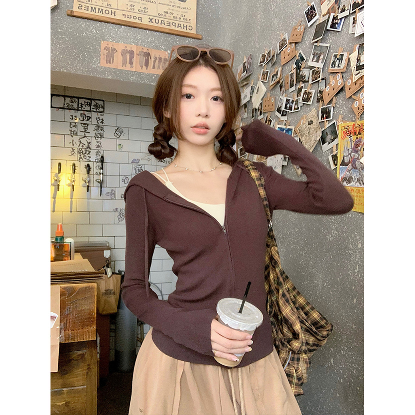 秋冬新款外搭连帽拉链针织开衫上衣小个子百搭修身收腰毛衣外套女