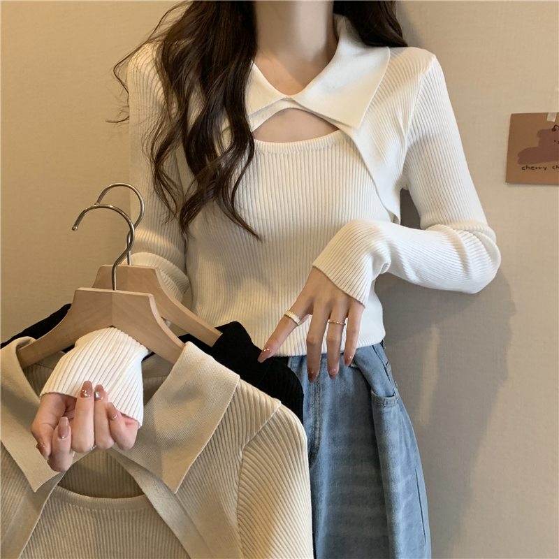 设计感小众镂空polo领长袖针织衫