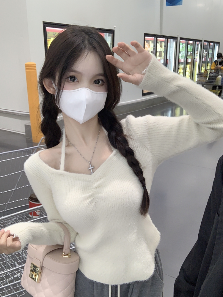 小个子短款v领水貂毛软糯毛衣女