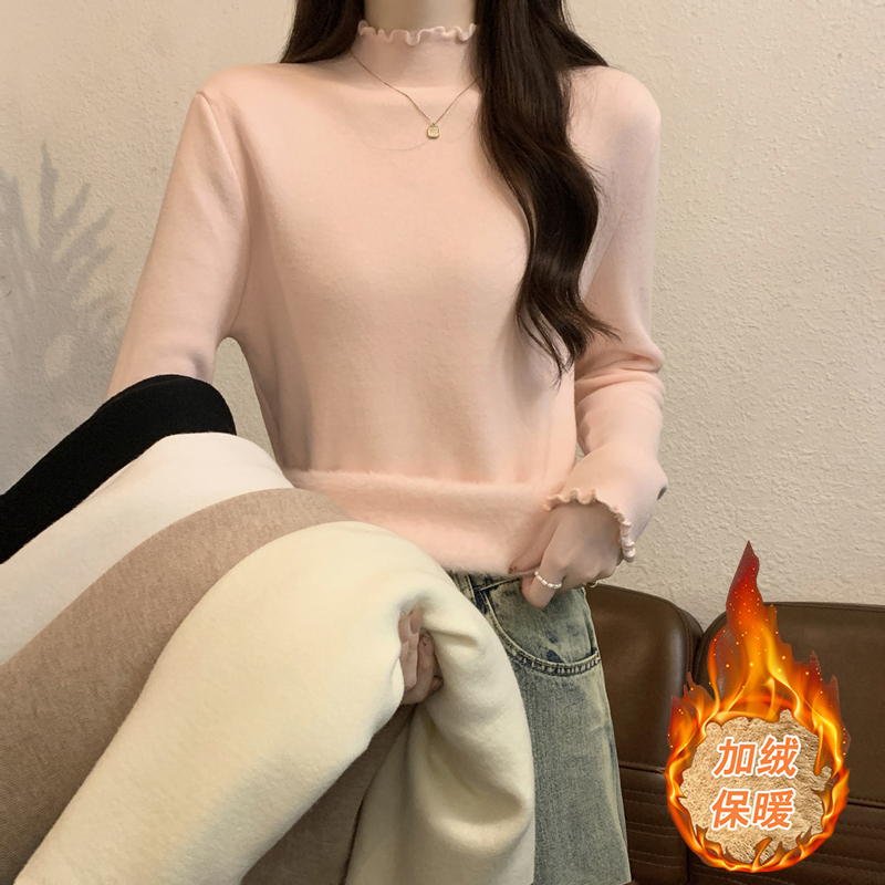 加厚一体绒保暖内搭粉色毛衣女秋冬季木耳边半高领长袖打底针织衫