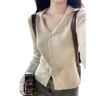 polo翻领针织开衫上衣秋冬季小个子短款修身百搭内搭毛衣女打底衫