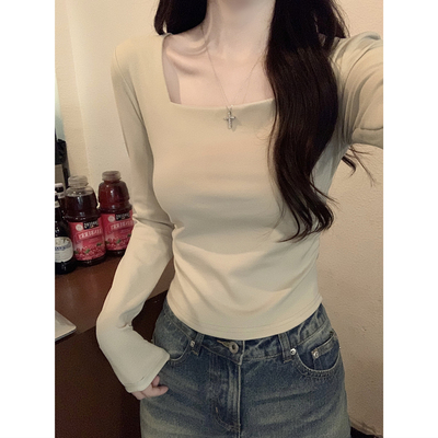 秋冬新款方领修身t恤女长袖内搭打底衫褶皱收腰短款辣妹上衣小衫