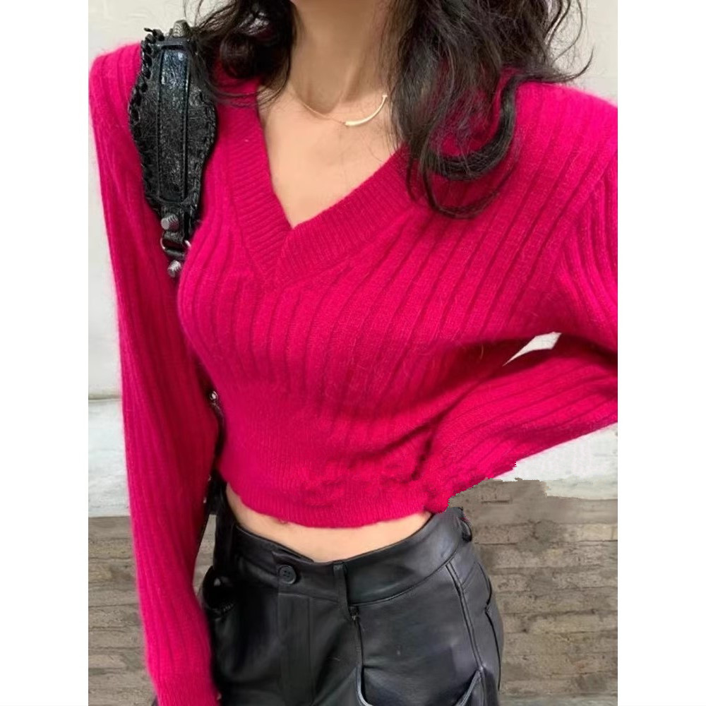 秋冬内搭v领长袖打底针织衫上衣辣妹修身短款小个子可外穿毛衣女