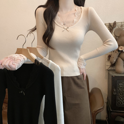 春秋薄款圆领修身长袖打底针织衫上衣洋气外穿蕾丝低领毛衣女内搭
