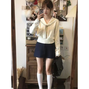 早秋韩系学院风海军领长袖打底针织衫上衣修身收腰短款毛衣女内搭