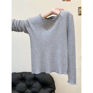 秋冬木耳边圆领针织衫女超好看内搭打底长袖上衣设计感紧身毛衣女