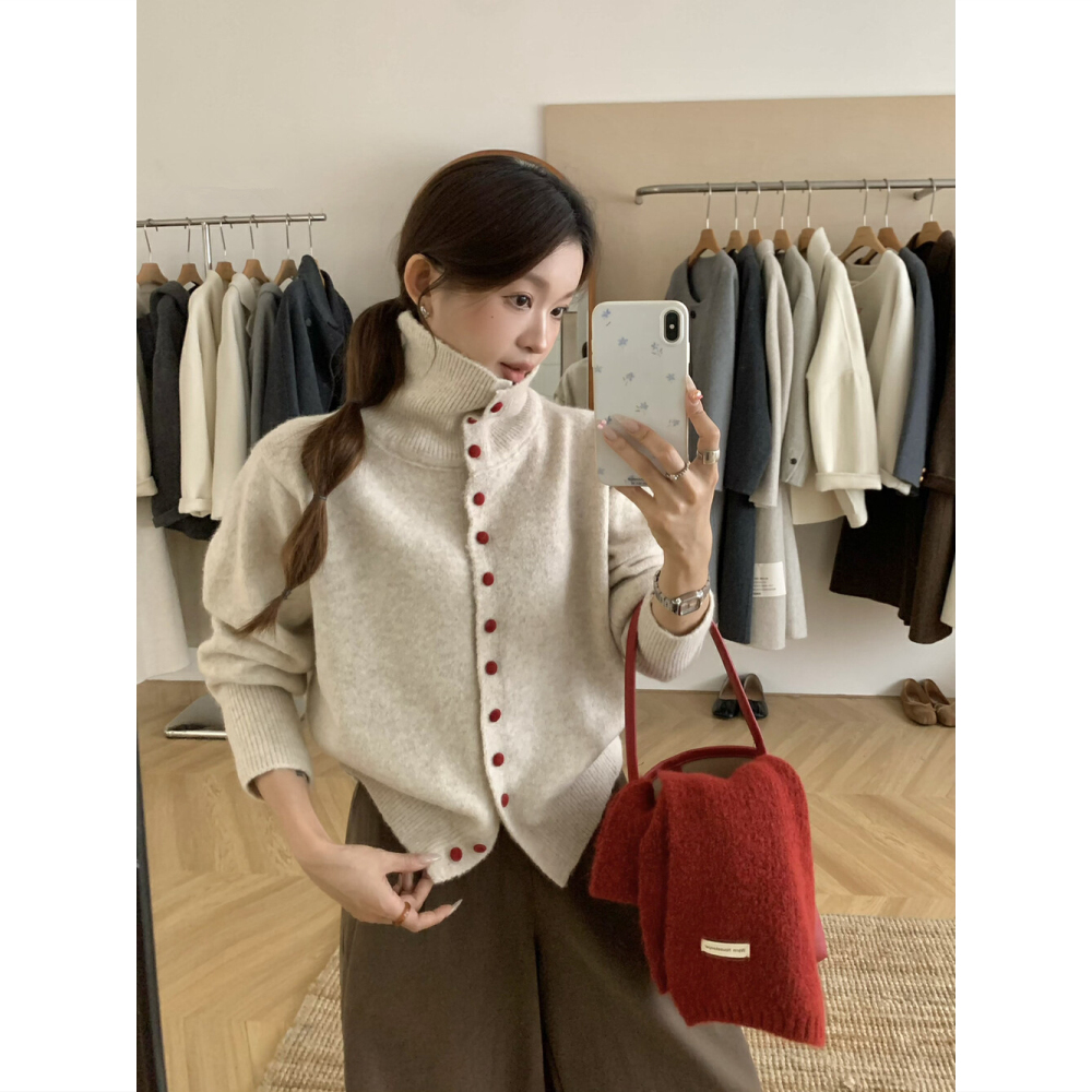 温柔风高领单排扣长袖针织开衫女2025秋冬新款宽松毛衣短外套上衣