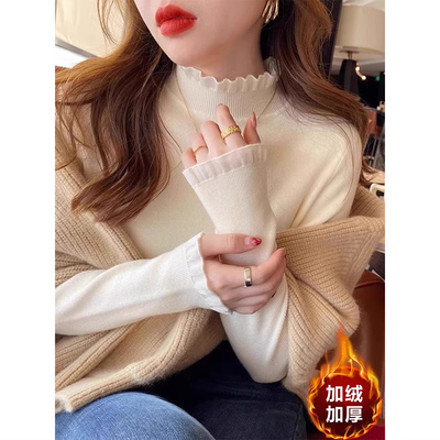 蕾丝花边半高领长袖打底针织衫上衣秋冬加厚一体绒保暖毛衣女内搭