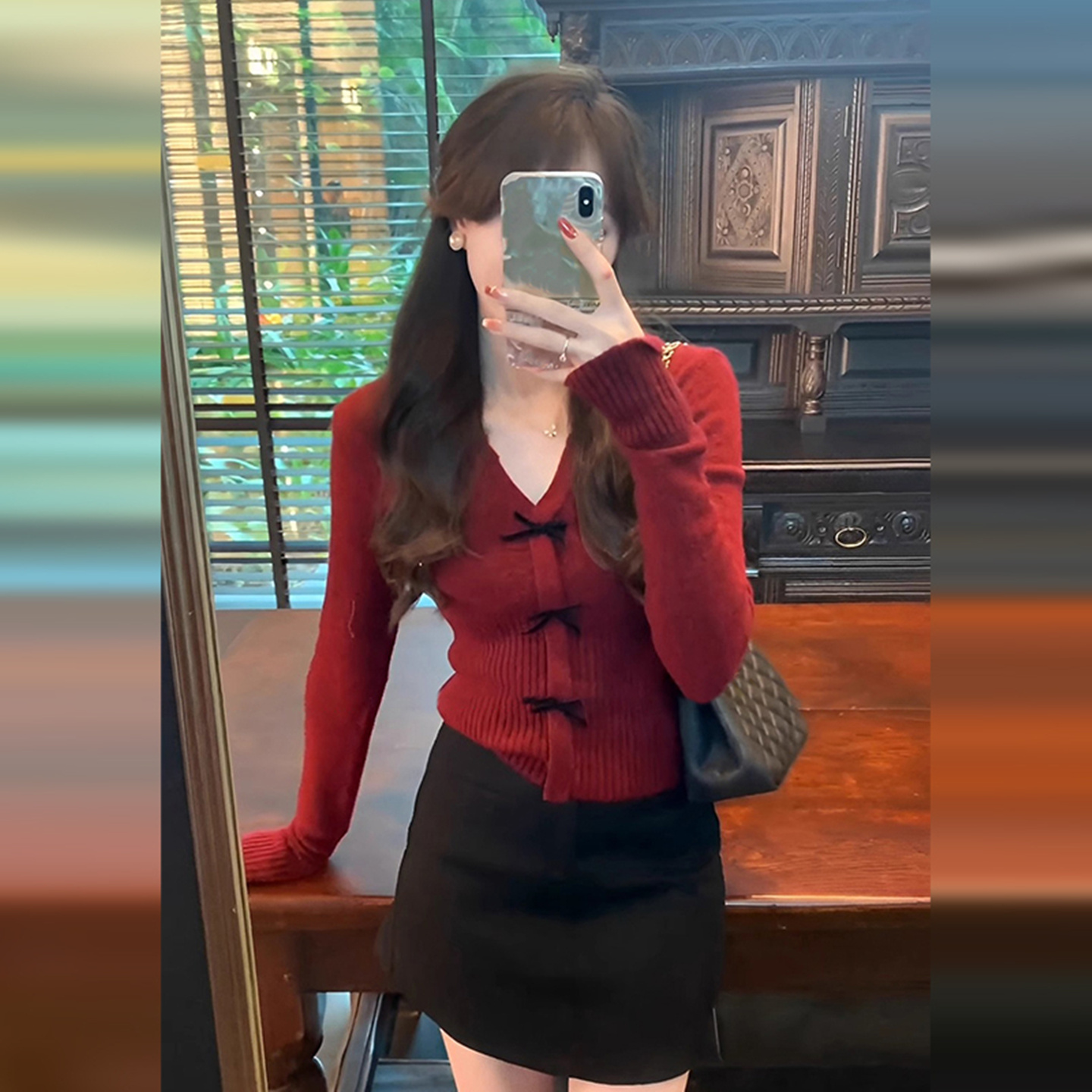 圣诞新年红色毛衣女秋冬v领修身紧身短款长袖打底针织衫内搭上衣