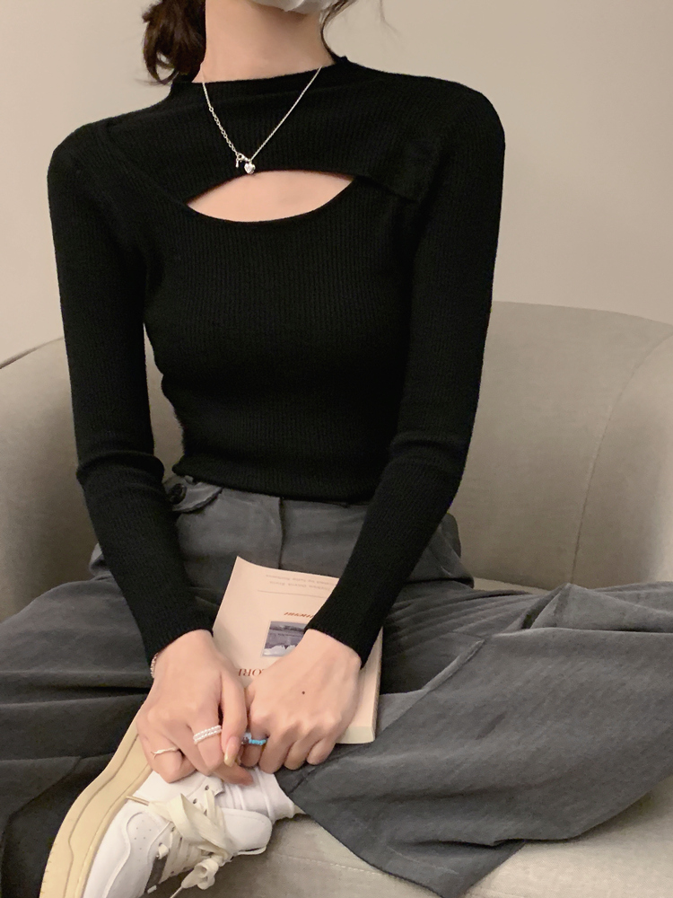 2025新款韩版早秋半高领镂空修身显瘦长袖针织衫上衣秋冬内搭黑色