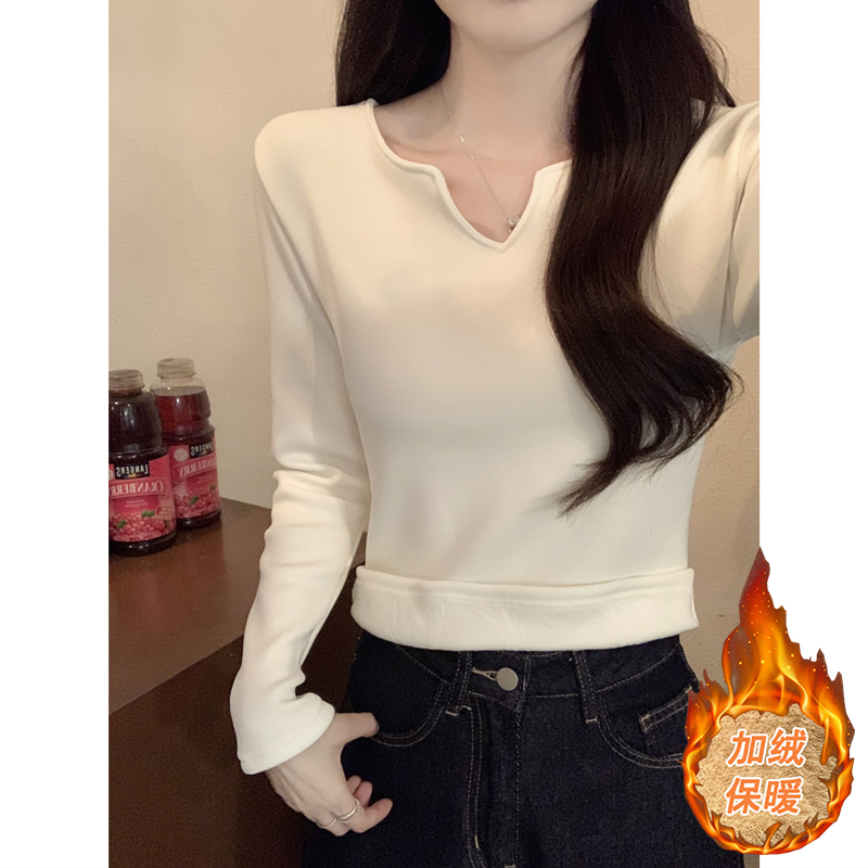 秋冬2025新款v领修身显瘦长袖t恤女加厚加绒保暖内搭打底小衫上衣