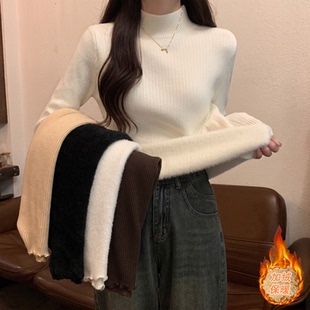 秋冬半高领修身紧身内搭长袖打底针织衫上衣加厚一体绒白色毛衣女