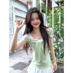 韩系纯欲薄荷绿假两件v领披肩短袖 小个子独特漂亮小上衣 t恤女夏季