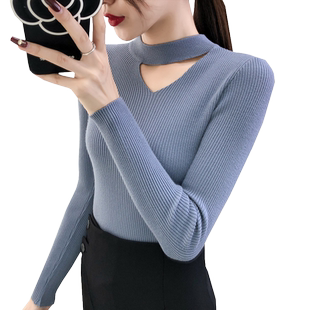 春秋新款修身镂空半高领针织衫上衣秋冬套头长袖内搭毛衣女打底衫