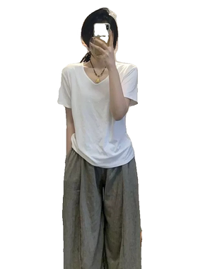 白色正肩t恤女短袖夏季2026新款百搭宽松显瘦v领半袖体恤上衣小衫