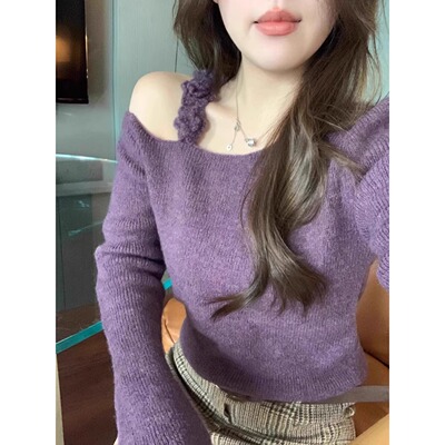 春秋季chic设计感露肩针织上衣女打底衫高级感不规则短款内搭小衫