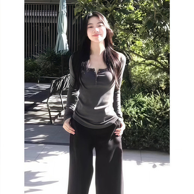 春感钮扣辣妹修身T恤长袖加厚保暖内搭打底衫上衣0122k