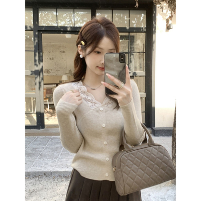 蕾丝花边打底衫女早秋内搭v领毛衣小个子修身短款针织衫法式上衣