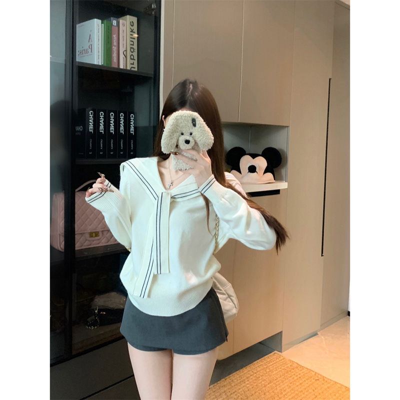 韩系海军领披肩长袖针织衫女2025秋季新款时尚减龄设计感小众上衣