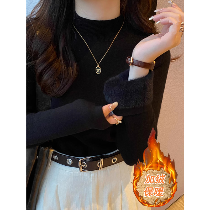 半高领加厚加绒保暖黑色毛衣女冬