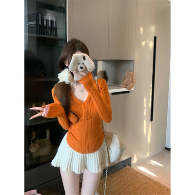 橘色v领长袖针织衫女秋冬修身收腰内搭毛衣温柔韩系显瘦打底上衣