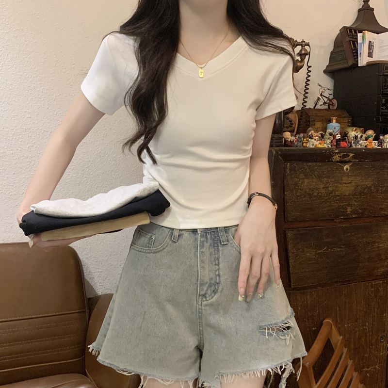 v领正肩白色t恤女短袖夏季法式辣妹百搭修身收腰显瘦短款上衣小衫