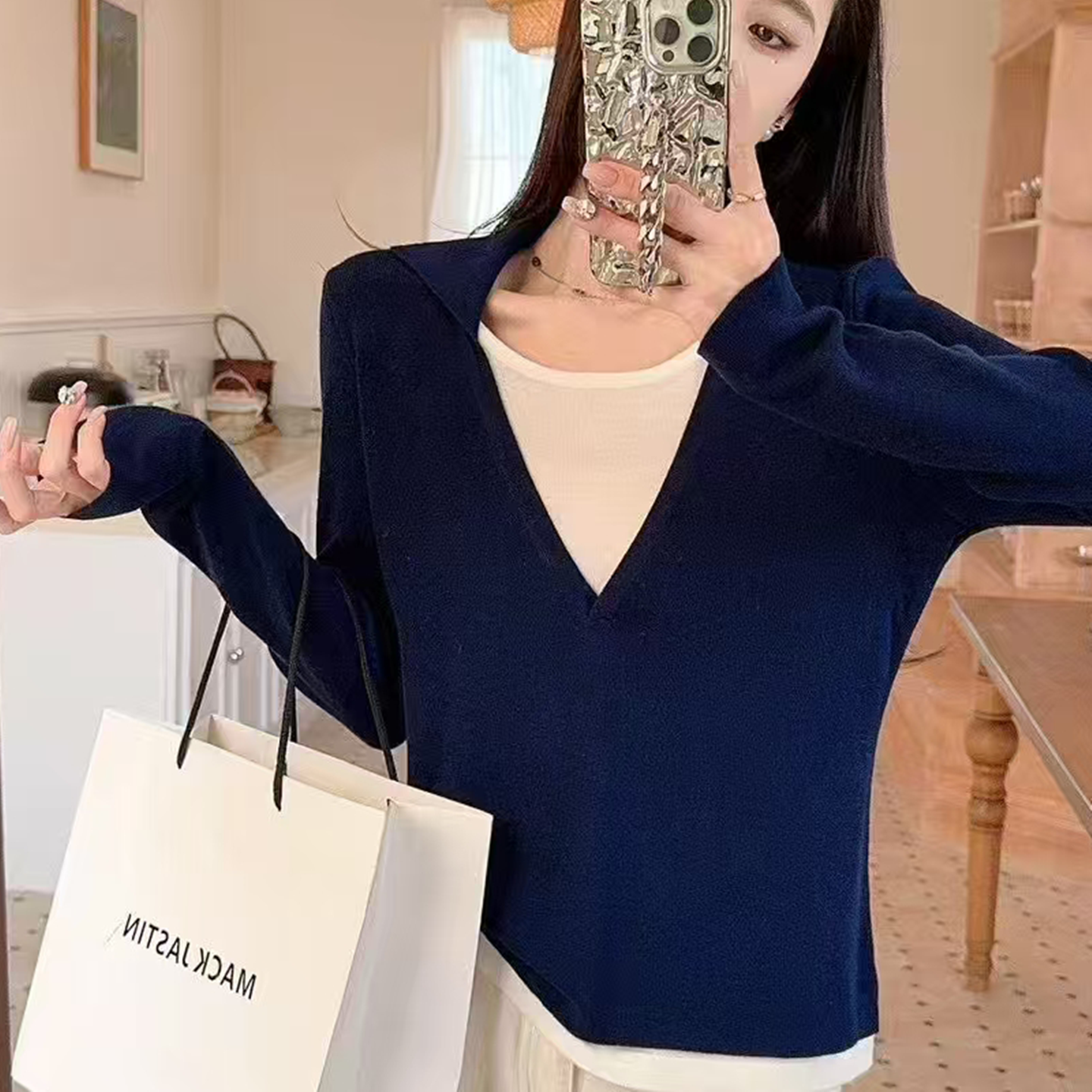 高级设计感假两件针织衫女秋冬新款2025韩系宽松外穿v领长袖毛衣