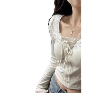 春秋修身短款蕾丝花边蝴蝶结t恤女长袖芭蕾风辣妹方领打底衫上衣