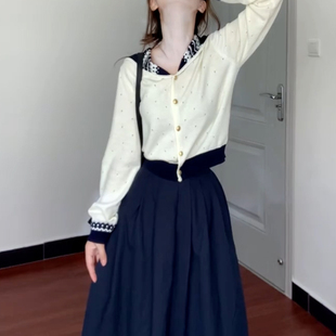 秋冬学院风海军领针织开衫上衣洋气减龄外搭小个子短款毛衣外套女