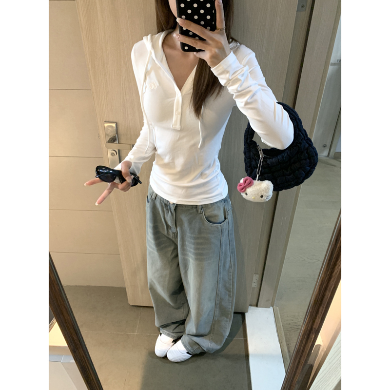 美式辣妹半开v领纽扣连帽长袖t恤女早秋季白色修身短款亨利领上衣