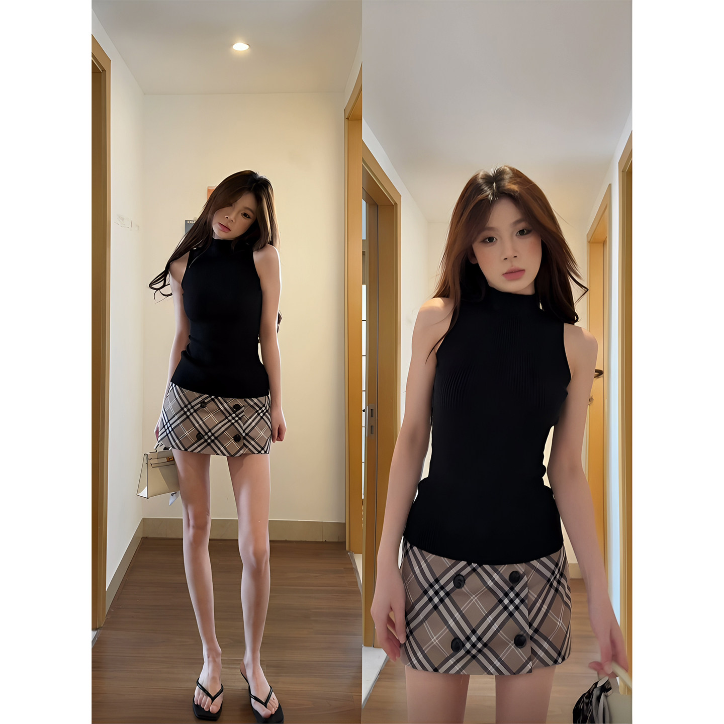 黑色半高领修身针织背心女夏外穿高级感chic别致露肩韩系无袖上衣图片