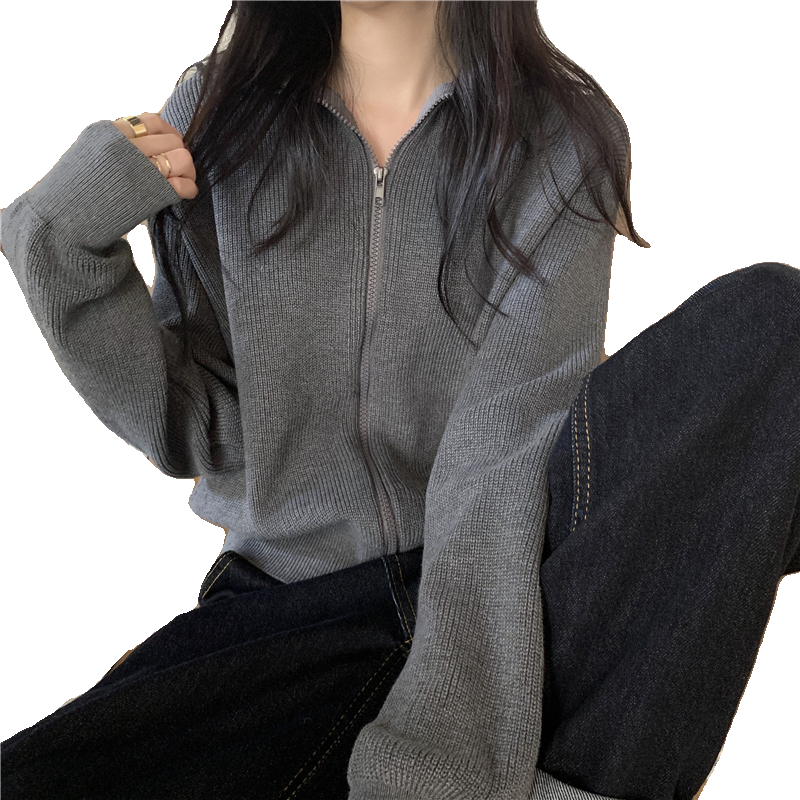 早秋季新款拉链开衫长袖针织衫上衣宽松慵懒风软糯毛衣外套女秋冬
